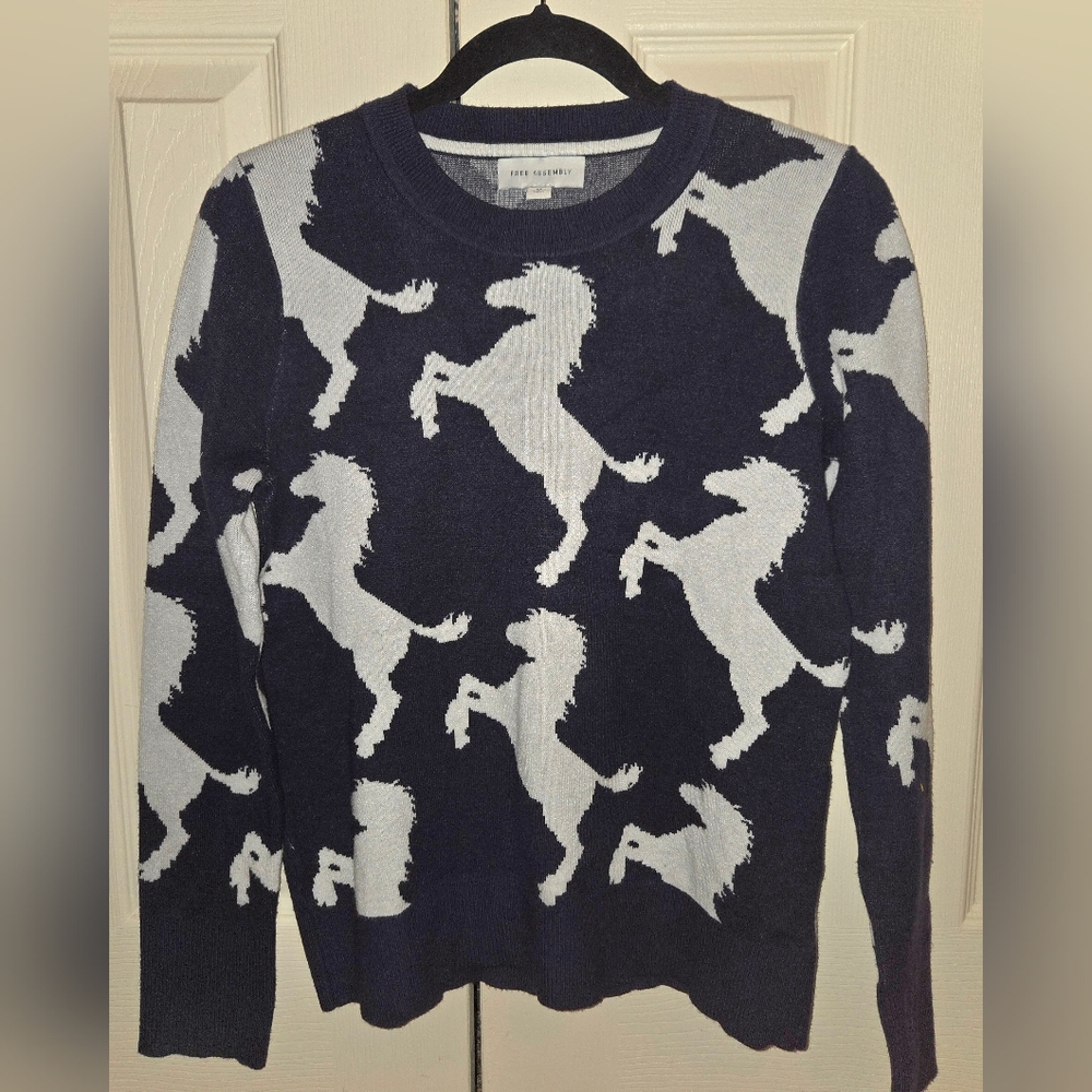 Women's Free Assembly Navy and White Horse Crewneck Sweater